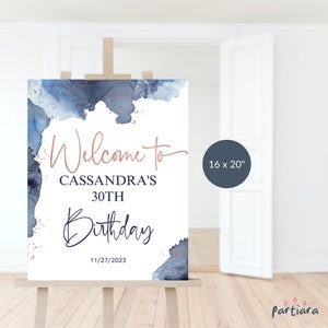 Navy Blue Welcome Sign, Birthday Party Welcome Poster Printable, Rose Gold Dinner Decor, Editable 16x20 Template Digital Download P239