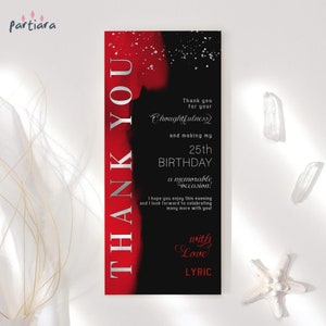 Merci Table carte anniversaire bienvenue fête plaque Decor dames adolescentes rouge noir argent Imprimable modifiable en téléchargement numérique P618