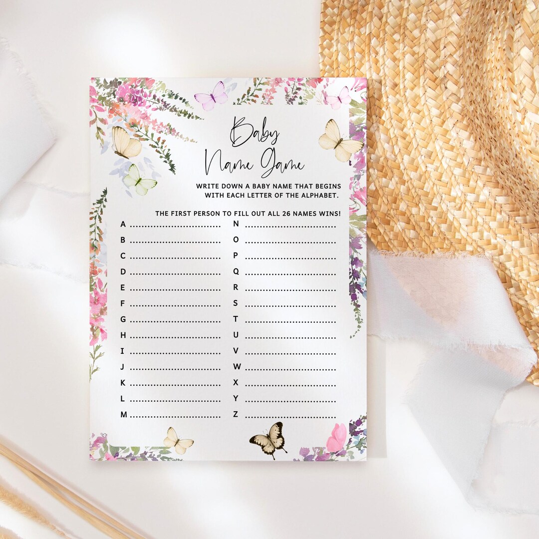 Butterfly Baby Shower Game, A to Z Baby Name Game, Wildflower Floral ...