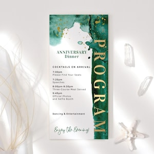 Bewerkbare verjaardagsprogrammakaart Smaragdgroen en goud Ladies Dinner Party Programma's Tafeldecoratie Afdrukbare digitale downloadsjabloon P205