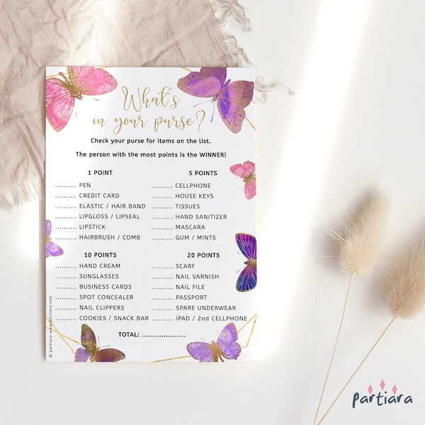 Editable What's In Your Purse Game, Girl Butterfly Baby Shower Game Card Printable, Bridal Shower Party Games Printable, Pink Purple Gold P8