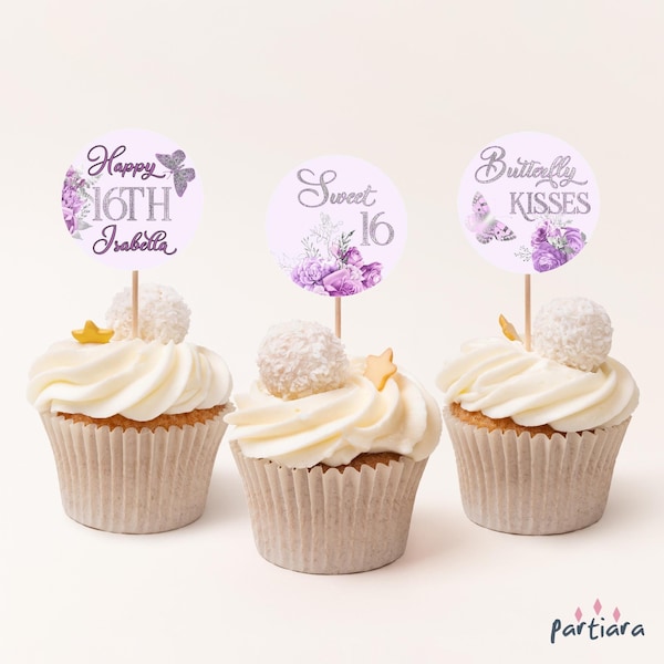 Lilac Silver Sweet 16 Cake Toppers Printable Girl's 16th Birthday Party Cupcake Topper Editable Template Floral Purple Decor Download P36