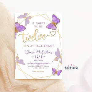 Invitación de cumpleaños número 12 de color morado para fiesta de mariposas, imprimible para niñas, decoración de lavanda lila, plantilla de descarga digital editable P144