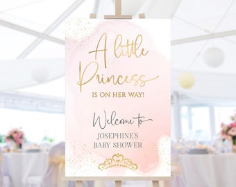 Une petite princesse, signe de bienvenue pour bébé fille, affiche de bienvenue imprimable pour baby shower, modèle 24 x 36 modifiable, décoration or rose pâle P458