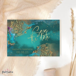Smaragd Save the Date Kartenvorlage, Summer Pool Party Save the Dates, Mädchen Sweet 16 Notecard druckbar, grün Gold Decor, bearbeitbar P308