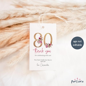 Floral 80. Geburtstag Tag, Damen Favor Geschenke Danke Etiketten, Boho Blush Rosa Rot Gold Dekor Printable, bearbeitbare Digital Download P195