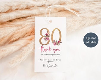 Floral 80th Birthday Tag, Ladies Favor Gifts Thank You Labels, Bohemian Blush Pink Red Gold Decor Printable, Editable Digital Download P195