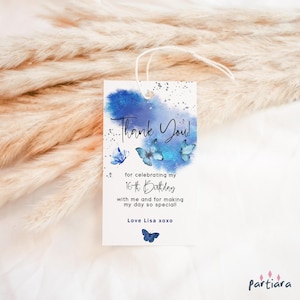 Étiquette cadeau anniversaire Merci papillon papillon bleu royal argent décoration de fête imprimable modifiable en téléchargement numérique modèle P617
