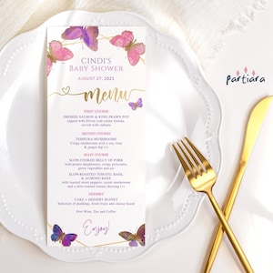 Rosa Schmetterling Menü Vorlage, Baby-Dusche-Menüs, Mädchen 1. Geburtstag Teeparty Printable, bearbeitbar Lila Lila Gold Taufe Tisch Dekor P337