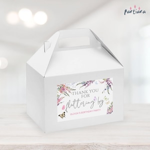 Wildflower Treat Box, Butterfly Birthday Gable Labels Printable, Pastel Floral 1st Birthday Favor Gifts Bag, Editable Template P256