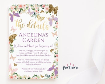 Butterfly Floral Enchanted Forest Birthday Details Card Printable Girl Baby Shower Party Itinerary Editable Pink Purple Gold Template P328