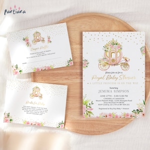 ROYAL BABY SHOWER Invitation, Princess Fairytale Carriage Invite Digital Download, Pink Gold Floral Bundle Set, Editable Template P137