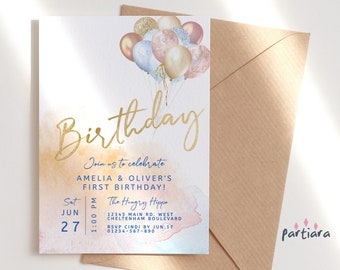 Twin Boy Girl Birthday Invitation Editable Balloons Sibling Joint Party Invites Printable Pastel Pink and Blue Decor Instant Download P10