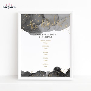 Letrero de itinerario de cumpleaños, póster de decoración de mesa con detalles de fiesta de hombres, imprimible, programa de eventos en negro y dorado, cena de jubilación, editable P268