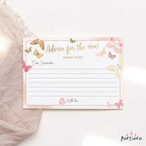 Plantilla de tarjeta de deseos y consejos para baby shower bohemio, imprimible con diseño de mariposas, decoración rosa melocotón, descarga digital editable P130