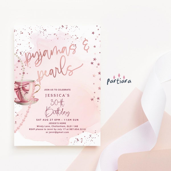 Pyjamas and Pearls Invite High Tea Evening Invitations Printable Ladies Birthday Weekend Party Blush Pink Rose Gold Editable Download P458
