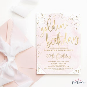 Girls Golden Birthday Invitation Editable Soft Pastel Pink and Gold Lucky Party Invites for Kids Adults Printable Digital Download P132 P249