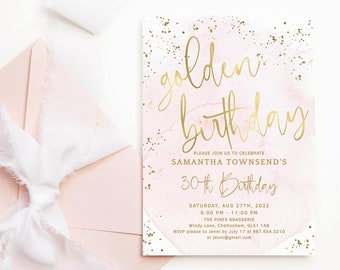 Girls Golden Birthday Invitation Editable Soft Pastel Pink and Gold Lucky Party Invites for Kids Adults Printable Digital Download P132 P249
