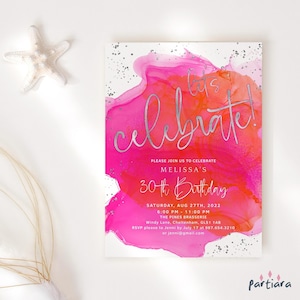 Ladies Birthday Invitation Template, Hot Pink Orange Party Invite Printable, Tropical Brunch Lunch or Dinner Events, Editable Download P200
