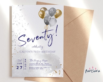 Puede incluir: Una invitación de cumpleaños blanca y plateada con detalles de purpurina dorada. La invitación presenta una escritura a mano que dice "¡Setenta!" y el texto "celebrando el 70º CUMPLEAÑOS DE CALVIN". La invitación también incluye detalles del evento, como la fecha, la hora y el lugar. The Hungry Hippo, 12345 Main Rd. West Cheltenham Boulevard. RSVP Cindi by Jun 17, 01234-567-890.