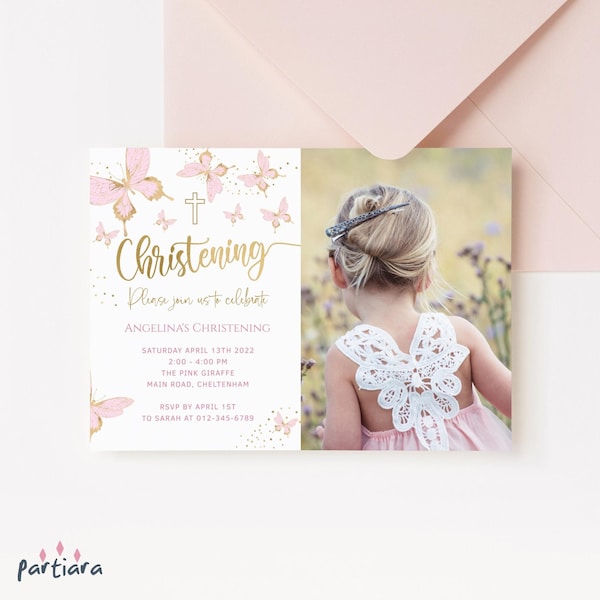 Blush Pink Christening Invite Girl Butterfly Party Invitations Printable Photo Picture Invites Editable Digital Download Template P293