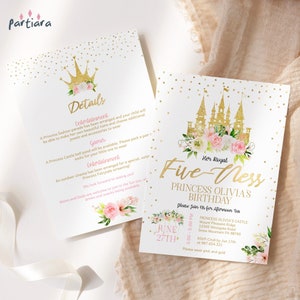 Royal Fiveness-uitnodiging 5e verjaardag prinses afdrukbare uitnodiging, details meisjesfeest reisroutekaarten, kasteelkroon roze bloemen bewerkbare P137