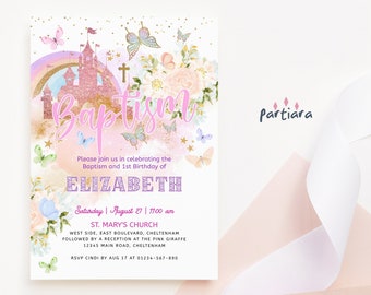 Fairytale Baptism Birthday Invitation Printable Girl's 1st Birthday Party and Baptism Invites Editable Template Butterfly Floral Rainbow P87