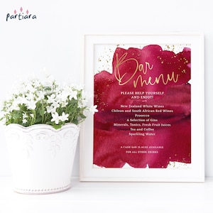 May include: A printable bar menu sign with a watercolor background in shades of red and gold glitter. The text reads "Bar Menu" in gold script lettering. The menu lists a variety of drinks, including white and red wines, prosecco, gin, juices, tea, coffee, and sparkling water. The sign also states that a cash bar is available for other drinks.