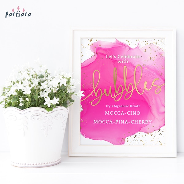 Bubbles Signature Drinks Sign, Teens Birthday Bar Table Poster Decor Printable, Hot Fuchsia Pink Gold, Editable Digital Download P200