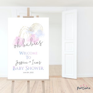 Twin Baby Shower Welcome Sign, Rainbow Entrance Pastel Boy Girl Welcome Party Blue Pink Rainbows Decor Printable, Editable Template P136