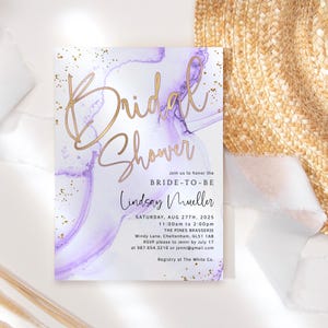 Modèle d'invitation pour la douche nuptiale lavande, faire-part de fête pour le brunch nuptiale violet, carte d'événements estival élégante imprimable, téléchargement modifiable P300