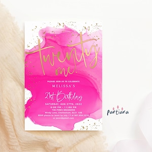 Convite para festa de aniversário de 21 anos para meninas, modelo de festa rosa choque, convite para jantar de verão, cartão digital editável para impressão, download P200