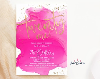 Girls 21st Birthday Invitation Hot Pink Party Template, Summer Dinner Party Invite Printable Editable Digital Download Card P200