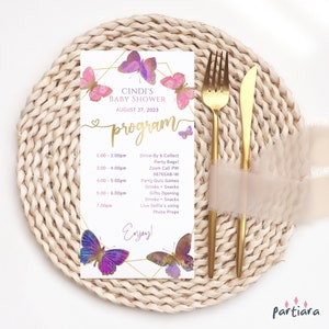 Schmetterling Programmvorlage, Mädchen Baby Dusche Tischprogramme druckbar, 1. Geburtstag und Taufe Ereignisse, rosa lila Dekor, bearbeitbar P337