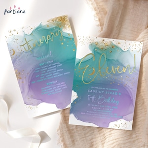Girl 11th Birthday Invite Teal Blue Gold Sleepover Weekend Pamper Party Invitations Printable Digital Download Editable Template P550