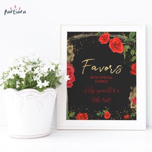 Dinner Party Favors Table Sign Printable, Red Roses Poster Favor Gift Decor for Ladies Events, Black Gold Editable Template P210