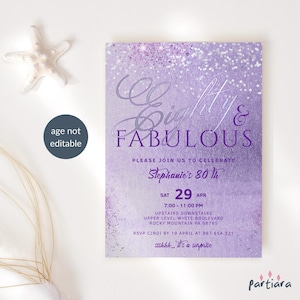 Modèle d'invitation 80e anniversaire lilas, argent quatre-vingts et invitation bénie imprimable, carte de fête dîner femme violet modifiable P139 P264