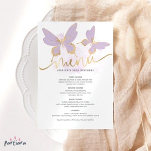 Modèle de menu papillon, carte de menu papillons violet baby shower imprimable, menus d'anniversaire fille lavande pastel, téléchargement modifiable P438