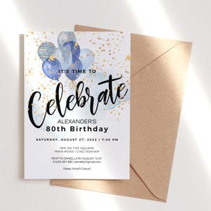 大人の男性の誕生日招待状 バルーン 印刷可能 お祝いパーティー招待状 編集可能なテンプレート ブルー シルバー ゴールド デコレーション ダウンロード P291 P10