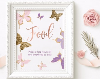 Letrero de comida con forma de mariposa en oro rosa para imprimir, póster decorativo para mesa de fiesta de baby shower de niña, descarga editable en color rosa pastel y morado P345