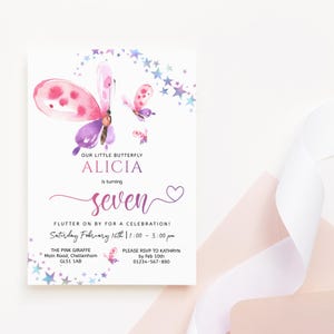 Butterfly Invitation 7th Birthday Printable for Girls, Pink Purple Watercolor Butterflies Elegant Decor, Editable Digital Download P103