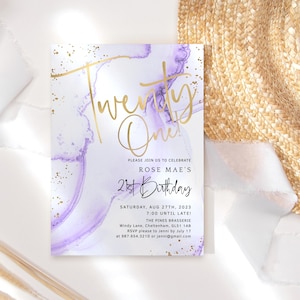 Modelo de convite para 21º aniversário, convite roxo para 21 anos para impressão, cartão de convite para jantar de 21 anos para meninas, download digital editável P300
