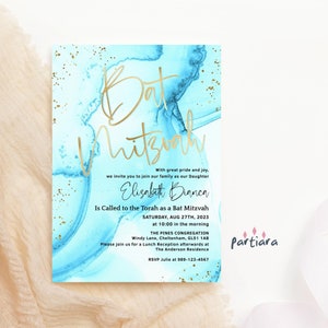 Blue Bat Mitzvah Invitation Printable, Elegant Summer Bat Mitzvah Party Invites Digital Download, Self Editable Template P296