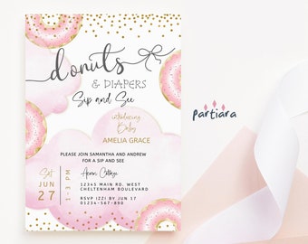 Baby Girl Sip and See Invitation Donuts and Diapers Meet and Greet New Baby Party Invite Printable Editable Digital Download Template P21