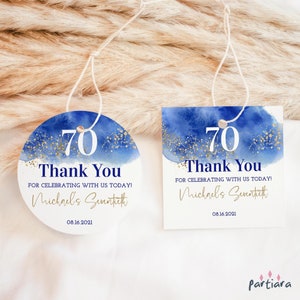 Blue Birthday Tags, Thank You Favors Gift Sticker Template Printable, Mens 50th 60th 70th 80th Editable Label, Royal Blues Gold Decor P260