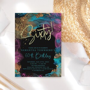 ELEGANT 60TH INVITATION, Ladies Glitz and Glamor Birthday Dinner Party Invite Printable, Hot Pink Blue Gold Decor, Editable Template P750
