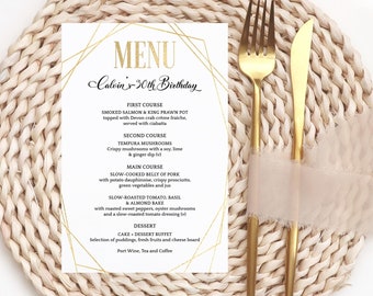 Modèle de menu de dîner de fête tous les menus de table d'anniversaire en or blanc géométriques art déco assiette Decor imprimable modifiable téléchargement numérique P86