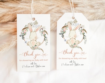 Etiquetas imprimibles para baby shower con temática de conejitos: Etiquetas de regalo para niño o niña. Plantilla editable P19