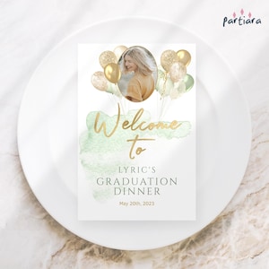 Tarjeta de agradecimiento para fiesta de Sage, tarjetas para colocar platos de cumpleaños, plantilla de fotografía editable para niñas, tarjeta de bienvenida para mesa de eventos imprimible P232