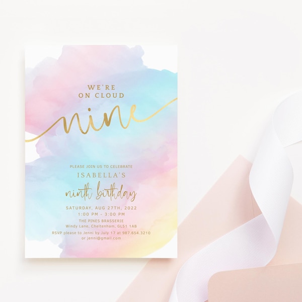 Invitación de 9º cumpleaños, diseño Pastel Sky Cloud Nine, plantilla editable, decoración arcoíris, rosa, azul, degradado dorado, descarga digital, impresión P179